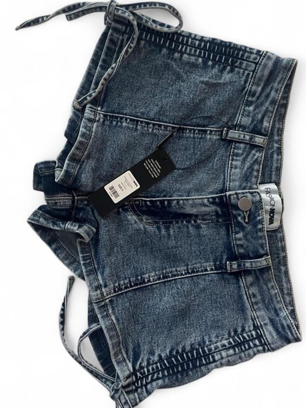 Fashion Nova Distressed Washed Blue Denim Tie-Side Shorts